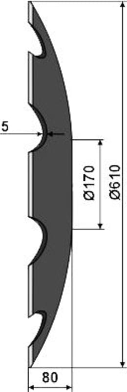 Technische Zeichnung: NIAUX 200 Eggenscheibe 610 x 5 mm, LK 80/110 mm, gewölbt, gezahnt, flacher Ansatz, für Agrisem