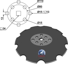 Technische Zeichnung: NIAUX 200 Eggenscheibe 460 x 4 mm, LK 80/110 mm, gewölbt, gezahnt, flacher Ansatz, für Agrisem
