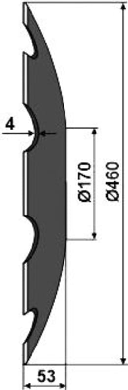 Technische Zeichnung: NIAUX 200 Eggenscheibe 460 x 4 mm, LK 80/110 mm, gewölbt, gezahnt, flacher Ansatz, für Agrisem