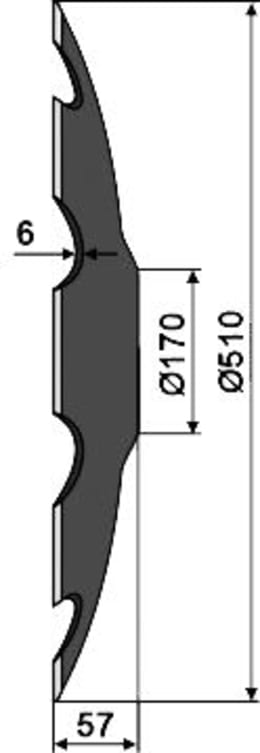 Technische Zeichnung: NIAUX 200 Eggenscheibe 510 x 6 mm, LK 113 mm, gewölbt, gezahnt, flacher Ansatz, für Great Plains, Simba