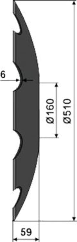 Technische Zeichnung: NIAUX 200 Eggenscheibe 510 x 6 mm, LK 112 mm, gewölbt, gezahnt, flacher Ansatz, für Evers Agro