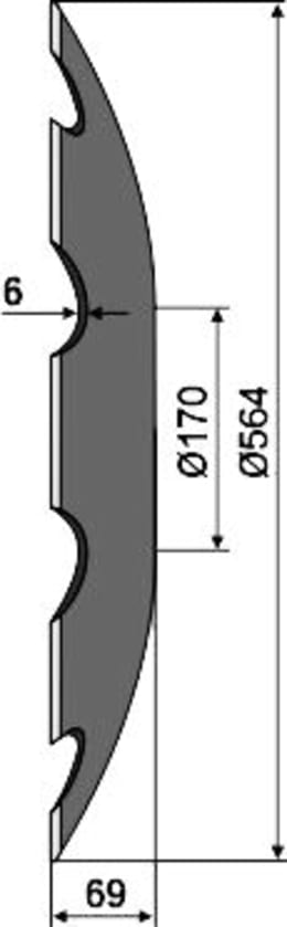 Technische Zeichnung: NIAUX 200 Eggenscheibe 568 x 6 mm, LK 140 mm, ZB rund, 95,0 mm, gewölbt, gezahnt, flacher Ansatz