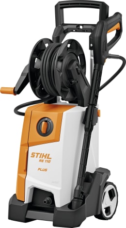Produktbild: STIHL Hochdruckreiniger RE 110 Plus in Orange-Weiß mit Schlauchtrommel und Hochdruckpistole