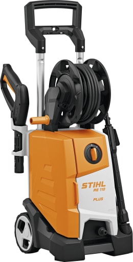 Produktbild: STIHL Hochdruckreiniger RE 110 Plus in Orange-Weiß mit Schlauchtrommel und Zubehör