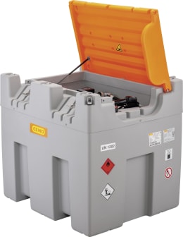Produktbild: Mobile Cemo Dieseltankanlage 980 l mit geöffnetem Deckel und integrierter Pumpe