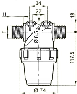 Technische Zeichnung: Agrotop Druckleitungsfilter 322-2 Filterkapazität 80 – 100 l/min, max. 14 bar
