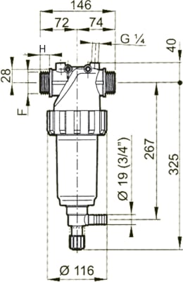 Technische Zeichnung: Agrotop Druckleitungsfilter 326-2 selbstreinigend, Filterkapazität 200 – 280 l/min, max. 15 bar