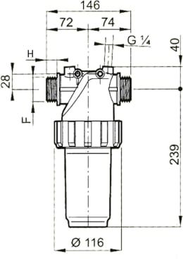 Technische Zeichnung: Agrotop Druckleitungsfilter 326-2 Filterkapazität 200 – 280 l/min, max. 15 bar