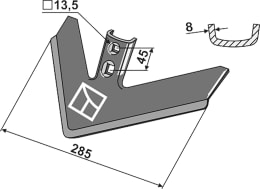 Technische Zeichnung: Industriehof® Gänsefußschar 285 x 8 mm für Grubber Maschio, Gaspardo, Bedar, Strom