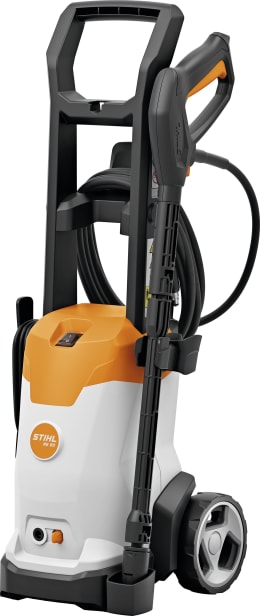 Produktbild: STIHL Hochdruckreiniger RE 90 in Grau-Orange mit Schlauchaufwicklung und Rädern