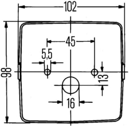 Technische Zeichnung: Hella® Schlussleuchte links/rechts 102 x 98 x 55 mm, Schluss-, Brems-, Blink-, Kennzeichenlicht