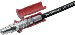 Produktbild: Hydraulik-Handgriff zur Markierung, rot, mit Hydraulikschlauch und Schnellkupplung