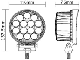 Technische Zeichnung: LED-Arbeitsscheinwerfer 2.500 lm/42 W, 10 – 30 V, 116 x 137,5 x 76 mm, weite Ausleuchtung