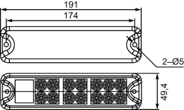 Technische Zeichnung: Hella® LED-Schlussleuchte links/rechts 10 – 30 V DC, 191 x 49,4 x 28 mm, Schluss-, Brems-, Blink-