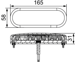 Technische Zeichnung: Hella® LED-Blink-Positionsleuchte vorn links/rechts, 165 x 58 x 31 mm, 12 – 24 V DC, E9 11490