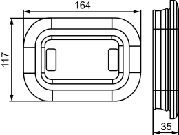 Technische Zeichnung: Hella® LED-Rückfahrscheinwerfer quadratisch, 164 x 117 x 35 mm, 12 – 24 V DC