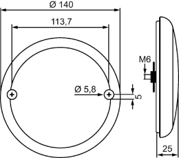 Technische Zeichnung: Hella® LED-Rückfahrscheinwerfer rund, Ø außen 140 mm, 10 – 30 V DC