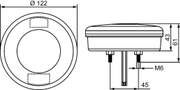 Technische Zeichnung: Hella® LED-Rückfahrscheinwerfer rund, Ø außen 122 mm, 10 – 30 V DC