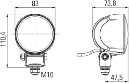 Technische Zeichnung: Hella® LED-Arbeitsscheinwerfer 70 LED 800 lm/13 W, 12 – 24 V, weite Ausleuchtung