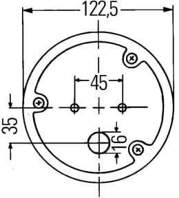 Technische Zeichnung: Hella® Blinkleuchte rund, hinten links/rechts, Ø 122,5 mm, Befestigung Anbau, Einbau