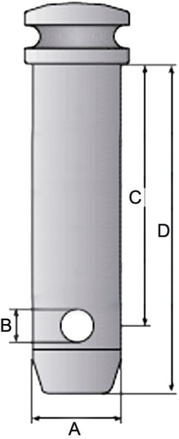Technische Zeichnung: Oberlenkerbolzen Kat. 2, Ø 25 mm mit Bemaßung A, B, C, D