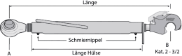 Technische Zeichnung: Oberlenker Kat. 2/20,25 mm mit Fanghaken und Kugelgelenk, M 30 x 3,5, pulverbeschichtet (Hülse)