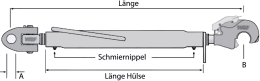 Technische Zeichnung: Oberlenker mit Fanghaken Kat. 3 und Gabelgelenk, M 30 x 3,5, pulverbeschichtet (Hülse)