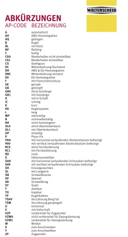 Detailbild: Walterscheid Abkürzungstabelle für AP-Codes und Produktbezeichnungen