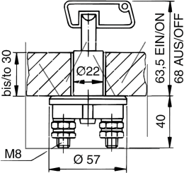 Technische Zeichnung: Batterietrennschalter, 12 – 24 V, 2 x Schraubanschluss M 8
