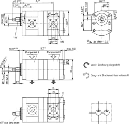Technische Zeichnung: Hydraulikpumpe links doppelt Fördermenge 16 cm³/U, 11 cm³/U, für Case IH C, CS, Deut-Fahr D 07