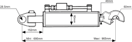 Technische Zeichnung: Hydraulischer Oberlenker Kat. 3/28 mm Länge 695 – 956 mm, mit Fanghaken und Gabelgelenk