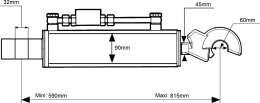 Technische Zeichnung: Hydraulischer Oberlenker Kat. 3 Länge 590 – 815 mm, mit Fanghaken und Gabelgelenk ohne Kopf