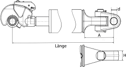 Technische Zeichnung: Hydraulischer Oberlenker Kat. 3/3 (32 mm), Länge 600 – 765 mm, mit Fanghaken und Gabelgelenk