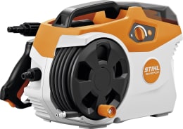 Produktbild: STIHL Akku-Hochdruckreiniger REA 60 Plus in Orange-Weiß mit Schlauchtrommel und Tragegriff