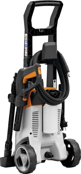 Produktbild: STIHL Hochdruckreiniger RE 90 in Schwarz-Weiß mit orangefarbener Spritzpistole und Schlauch