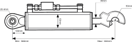 Technische Zeichnung: Hydraulischer Oberlenker Kat. 2 Länge 585 – 825 mm, mit Fanghaken und Kugelgelenk