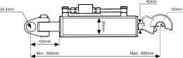 Technische Zeichnung: Hydraulischer Oberlenker Kat. 2 Länge 640 – 885 mm, mit Fanghaken und Gabelgelenk