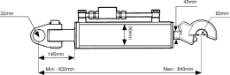 Technische Zeichnung: Hydraulischer Oberlenker Kat. 3 Länge 620 – 840 mm, mit Fanghaken und Gabelgelenk