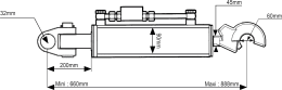 Technische Zeichnung: Hydraulischer Oberlenker Kat. 3 Länge 660 – 888 mm, mit Fanghaken und Gabelgelenk
