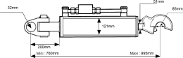 Technische Zeichnung: Hydraulischer Oberlenker Kat. 4/3 Länge 760 – 995 mm, mit Fanghaken und Gabelgelenk