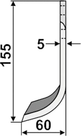 Technische Zeichnung: Industriehof® Fräsmesser links/rechts 155 x 60 x 5 mm, Bohrung 10,5 mm, für Agria