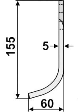 Technische Zeichnung: Industriehof® Fräsmesser links/rechts 155 x 60 x 5 mm, Bohrung 8,5 mm, für Agria, Tielbürger