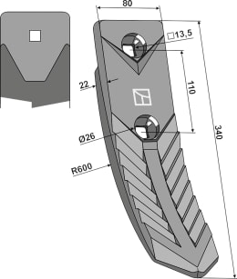 Technische Zeichnung: Industriehof® Scharspitze 340 x 80 x 22 mm, für Grubber Köckerling