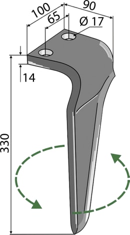 Technische Zeichnung: Kreiseleggenzinken links/rechts 100 x 330 x 14 mm für Frandent Kreiselegge