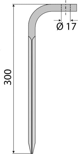 Technische Zeichnung: Kreiseleggenzinken links/rechts 100 x 300 x 15 mm mit Ø 17 mm Bohrung