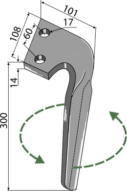 Technische Zeichnung: Kreiseleggenzinken 108 x 300 x 14 mm für Alpego mit Maßangaben und Drehrichtung