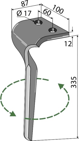 Technische Zeichnung: Kreiseleggenzinken links/rechts 100 x 335 x 12 mm mit Maßangaben und Befestigungsbohrungen