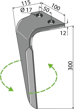 Technische Zeichnung: Industriehof® Kreiseleggenzinken 100 x 300 x 12 mm für Kreiselegge Rau