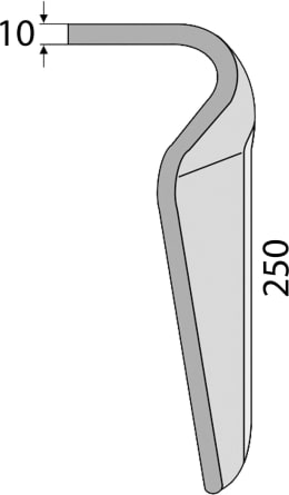 Technische Zeichnung: Kreiseleggenzinken 90 x 250 x 10 mm mit gebogener Spitze