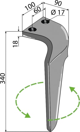 Technische Zeichnung: Kreiseleggenzinken 100 x 340 x 18 mm mit Bemaßung und Drehrichtung